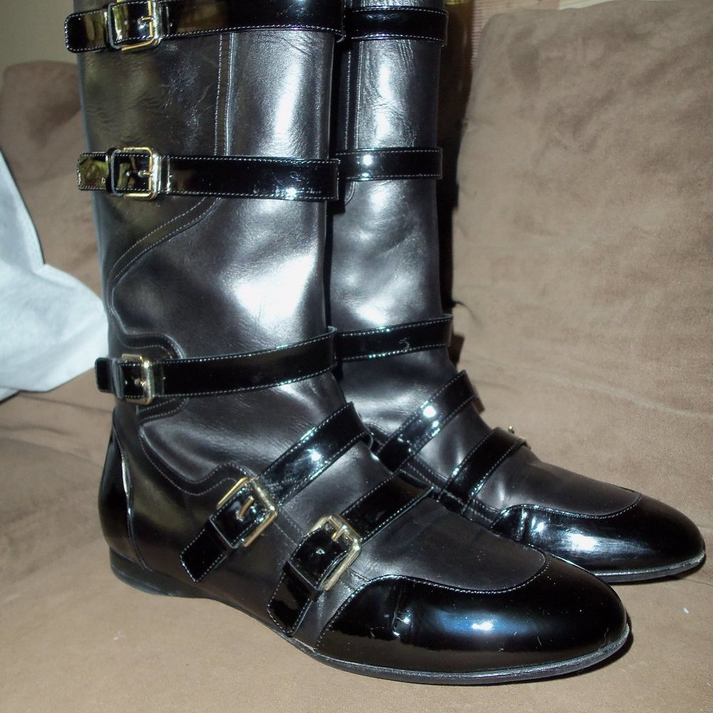 ALEXANDRA NEEL Black Mid-Calf Leather Boots w/Patent Leather Buckles Toes Heels
